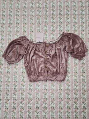 NWT LIZ LISA 🎀 Mauve Velvet Off-Shoulder Crop Top Front Button Open